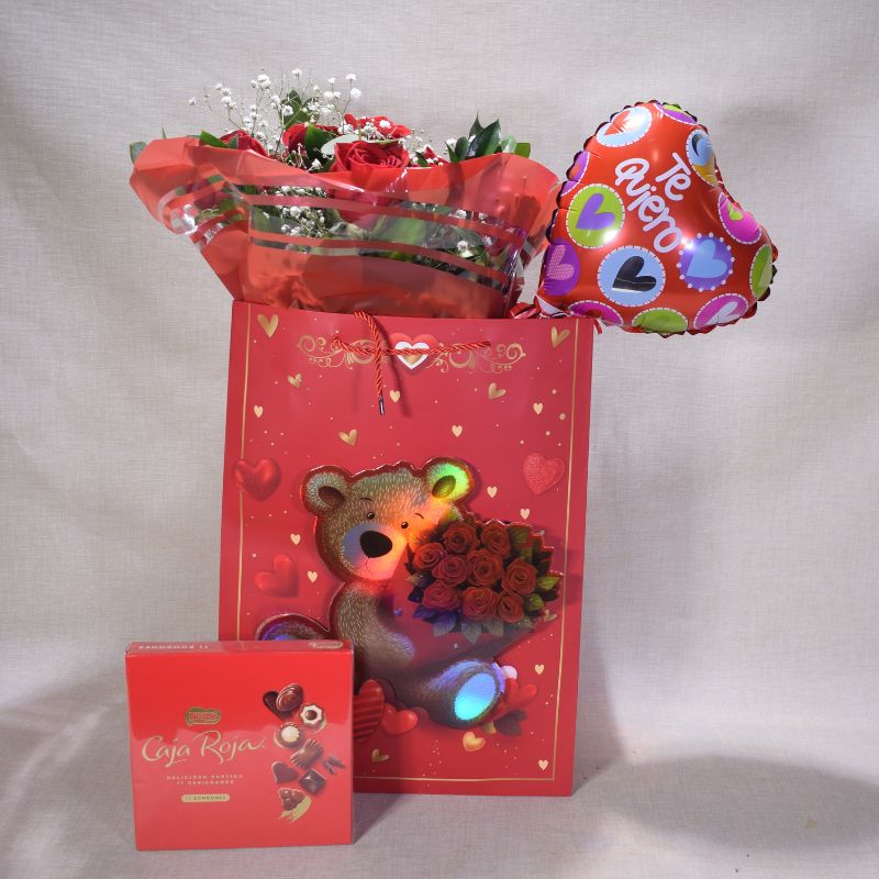 12 Rosas Rojas en Gift Bag (Osito) San Valentín